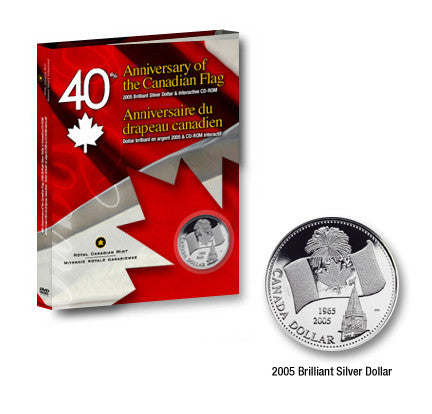 2005 COMMEMORATIVE BRILLIANT UNCIRCULATED SILVER DOLLAR WITH INTERACTIVE CD-ROM  40TH - ANNIVERSARY OF CANADA FLAG