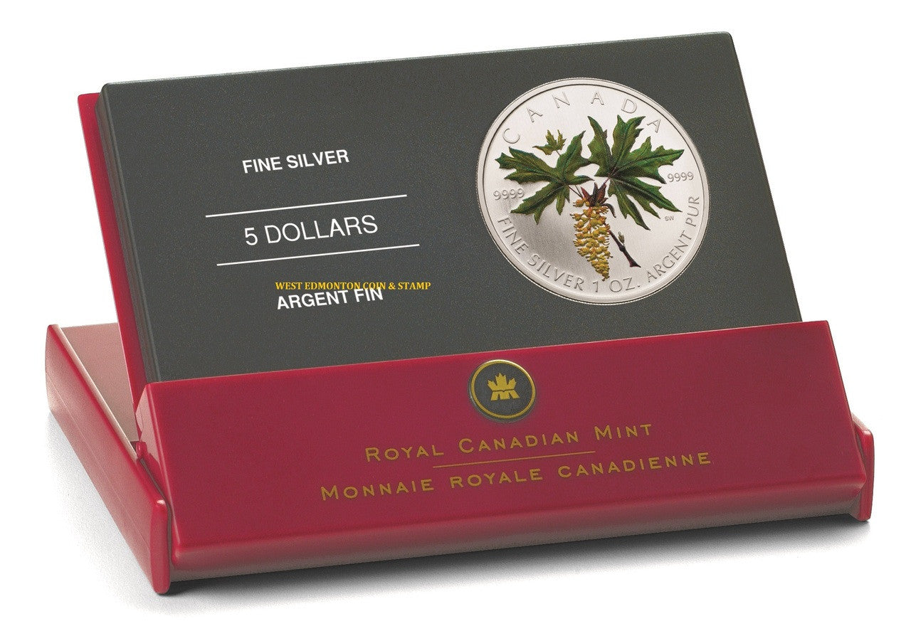 2005 1oz $5 SILVER MAPLE LEAF COLOURED COIN - BIG LEAF MAPLE