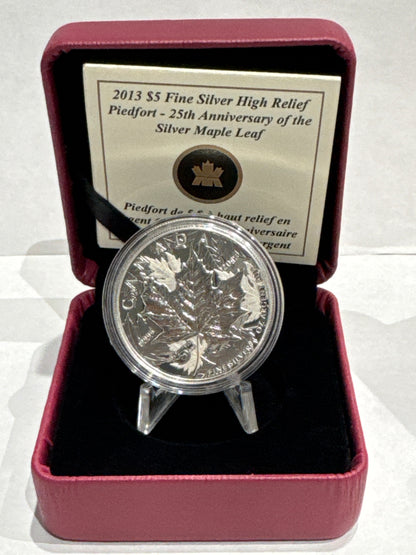 [AUCTION ONLY] 2013 $5 FINE SILVER HIGH RELIEF PIEDFORT 25TH ANNIVERSARY OF THE SILVER MAPLE LEAF