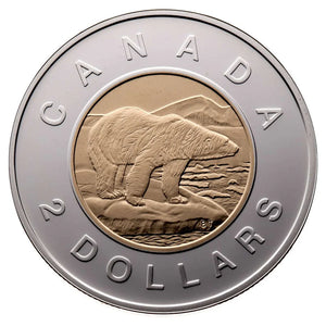 E-TRANSFER ONLY - 1996 $2 22KT POLAR BEAR GOLD CORE WITH PURE GOLD AND SILVER OUTER RING