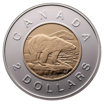 E-TRANSFER ONLY - 1996 $2 22KT POLAR BEAR GOLD CORE WITH PURE GOLD AND SILVER OUTER RING