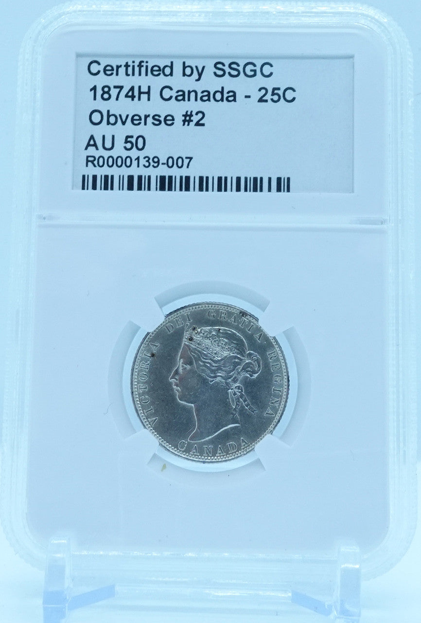 1874H 25 CENT CANADA OBVERSE #2 – AU 50 - GRADED