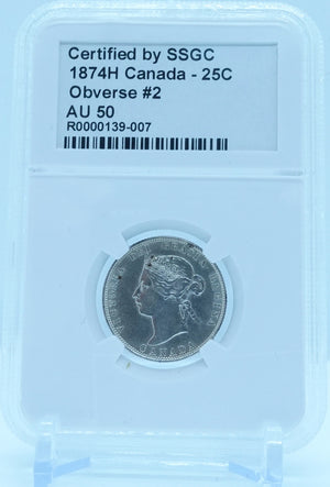 1874H 25 CENT CANADA OBVERSE #2 – AU 50 - GRADED