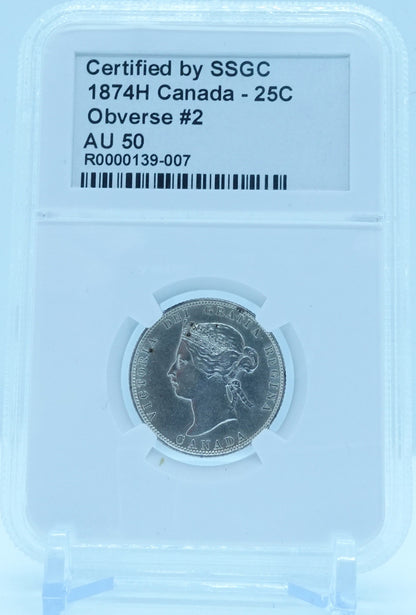 1874H 25 CENT CANADA OBVERSE #2 – AU 50 - GRADED