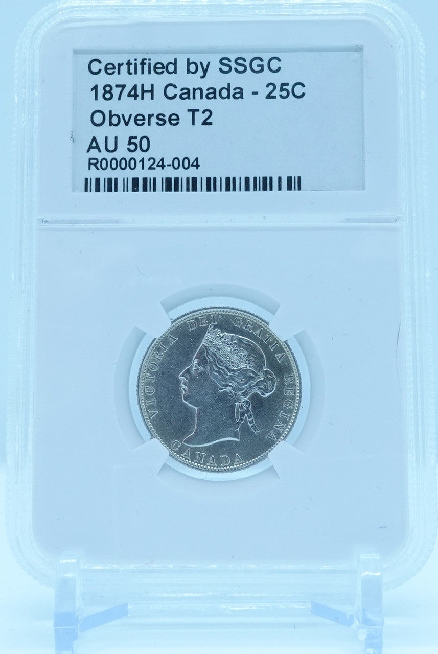 1874H 25 CENT CANADA OBVERSE T2 – AU 50 - GRADED