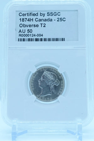 1874H 25 CENT CANADA OBVERSE T2 – AU 50 - GRADED