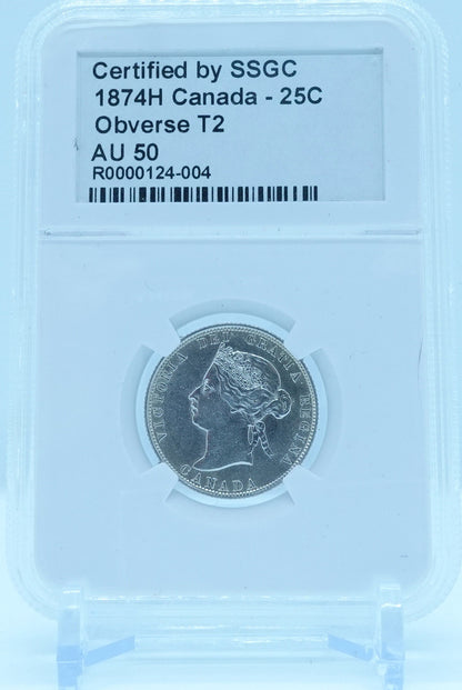 1874H 25 CENT CANADA OBVERSE T2 – AU 50 - GRADED