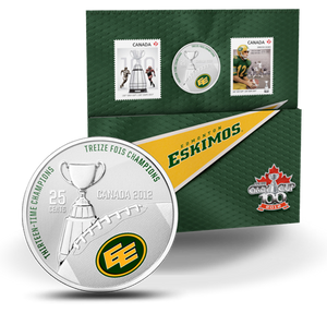 2012 25c THE EDMONTON ESKIMOS COLOURED COIN AND STAMP SET