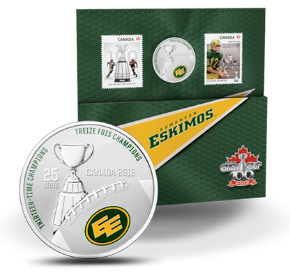 2012 25c THE EDMONTON ESKIMOS COLOURED COIN AND STAMP SET