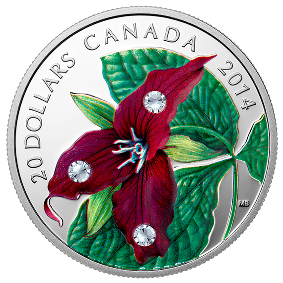 2014 1oz $20 RED TRILLIUM WITH CRYSTAL DEW DROP ELEMENTS FINE SILVER COIN