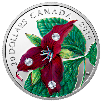 2014 1oz $20 RED TRILLIUM WITH CRYSTAL DEW DROP ELEMENTS FINE SILVER COIN