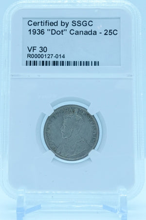 1936 25 CENT “DOT” CANADA – VF 30 - GRADED