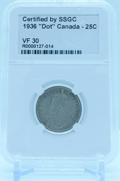 1936 25 CENT “DOT” CANADA – VF 30 - GRADED