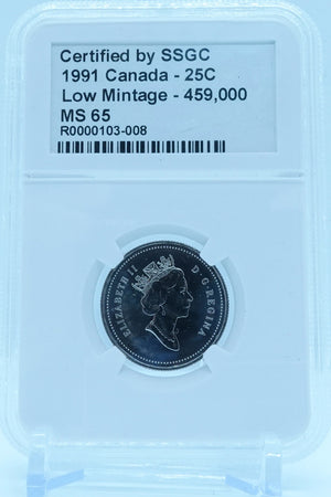 1991 25 CENT CANADA LOW MINTAGE – 459,000 – MS 65 - GRADED