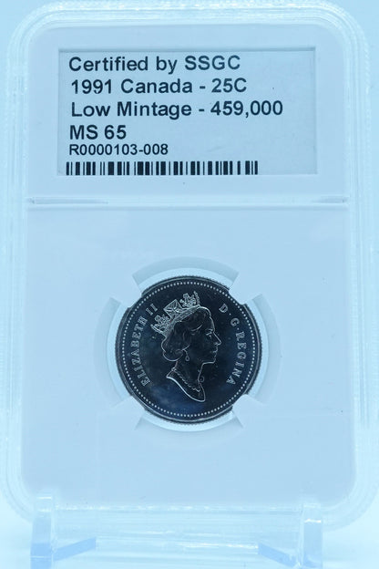1991 25 CENT CANADA LOW MINTAGE – 459,000 – MS 65 - GRADED