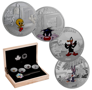2015 4oz $20 LOONEY TUNES - PURE SILVER 4-COIN SET WITH WATCH