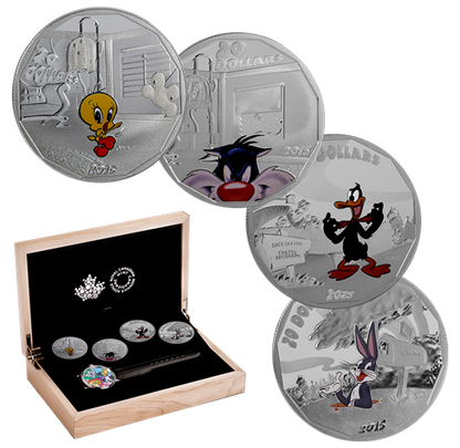 2015 4oz $20 LOONEY TUNES - PURE SILVER 4-COIN SET WITH WATCH