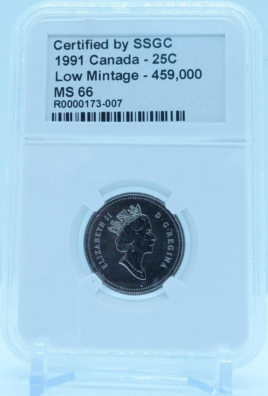 1991 25 CENT CANADA LOW MINTAGE – 459,000 – MS 66 - GRADED