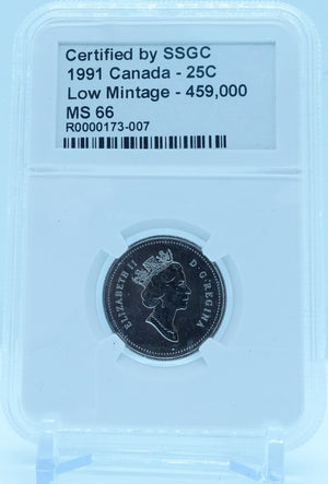 1991 25 CENT CANADA LOW MINTAGE – 459,000 – MS 66 - GRADED
