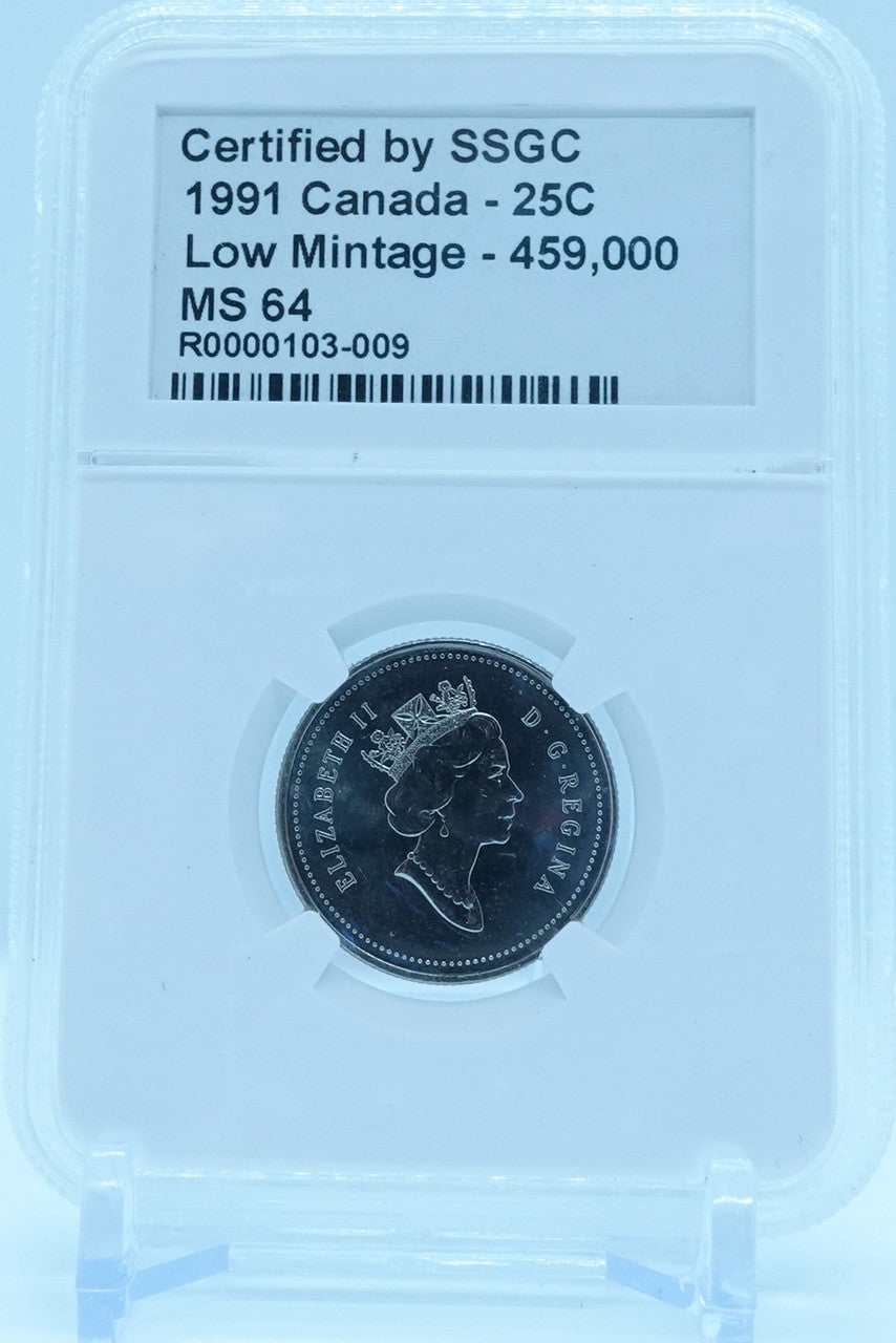 1991 25 CENT CANADA LOW MINTAGE – 459,000 – MS 64 - GRADED