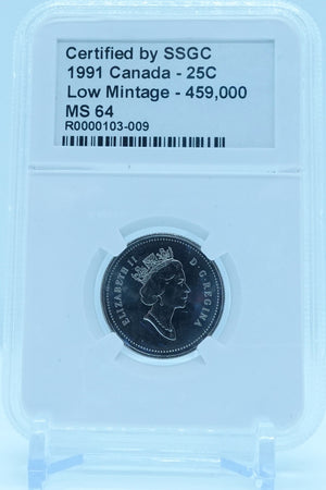 1991 25 CENT CANADA LOW MINTAGE – 459,000 – MS 64 - GRADED