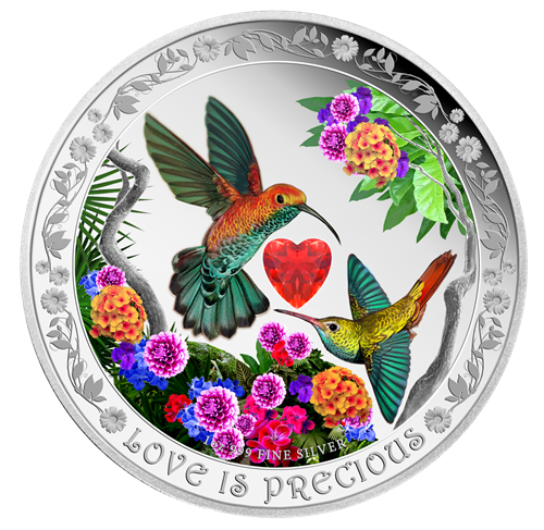 2016 1oz $2 LOVE IS PRECIOUS: HUMMING BIRDS FINE SILVER COIN (TONED)