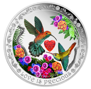 2016 1oz $2 LOVE IS PRECIOUS: HUMMING BIRDS FINE SILVER COIN (TONED)