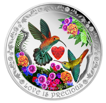 2016 1oz $2 LOVE IS PRECIOUS: HUMMING BIRDS FINE SILVER COIN (TONED)