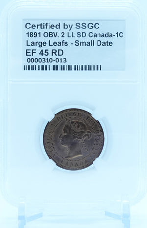 1891 1 CENT CANADA OBV.2 LL SD LARGE LEAFS – SMALL DATE – EF 45 RD – GRADED