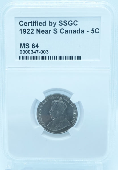 1922 5 CENT CANADA NEAR S – MS 64 – GRADED (347-003)