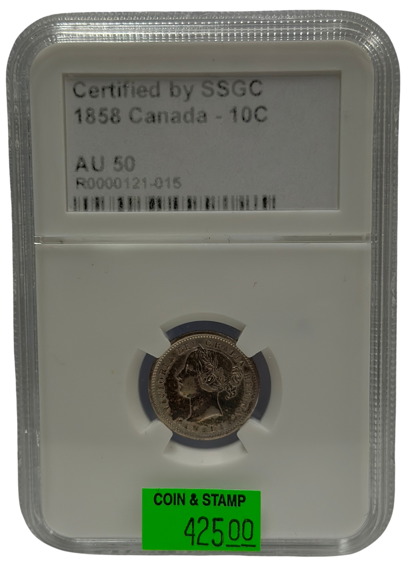 1858 10 CENT CANADA – AU 50 – GRADED