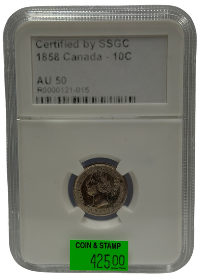 1858 10 CENT CANADA – AU 50 – GRADED