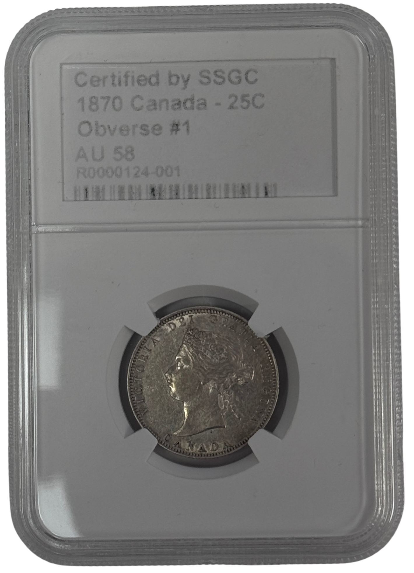 1870 25 CENT CANADA OBVERSE #1 – AU 58 - GRADED