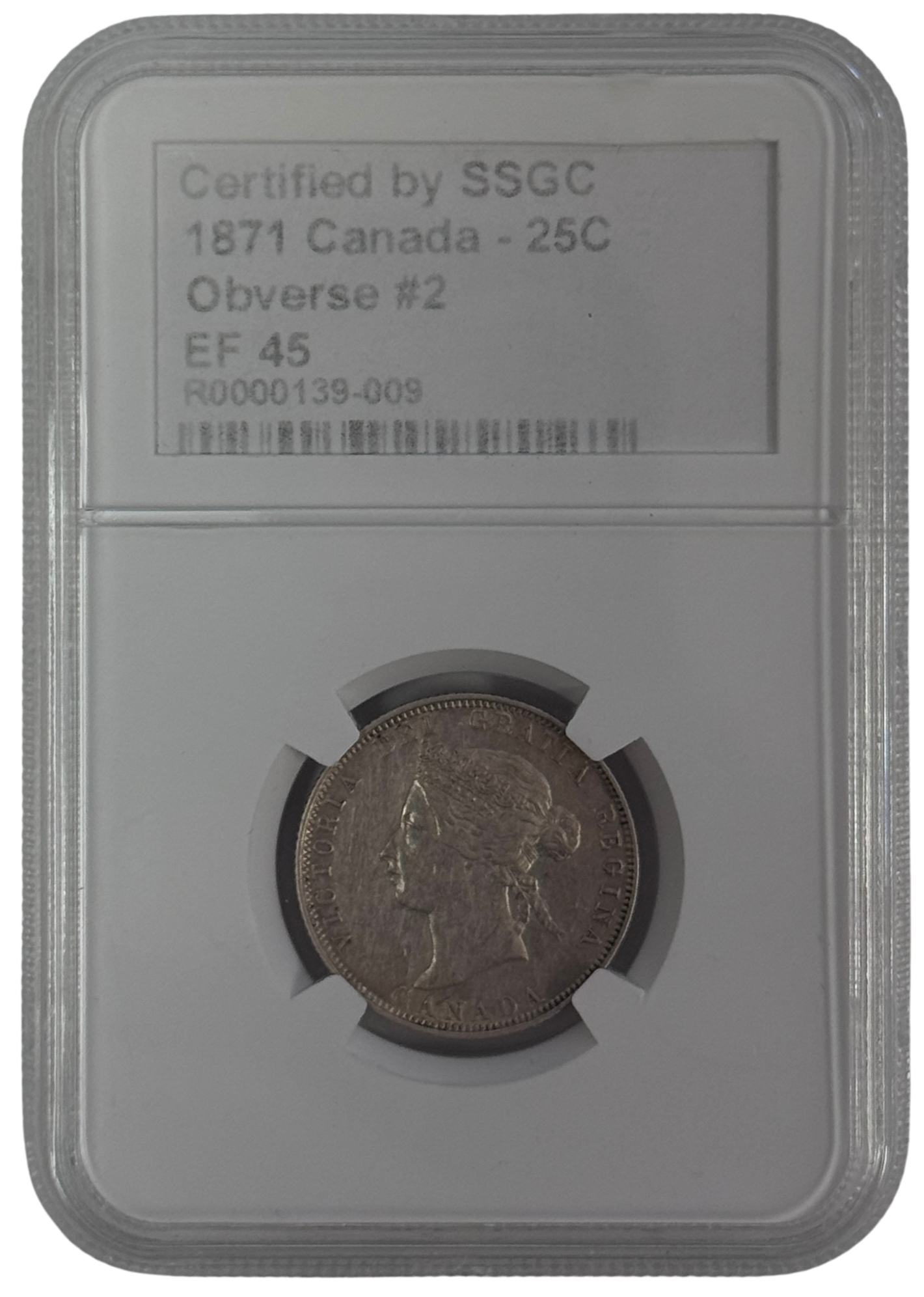 1871 25 CENT CANADA OBVERSE #2 – EF 45 - GRADED