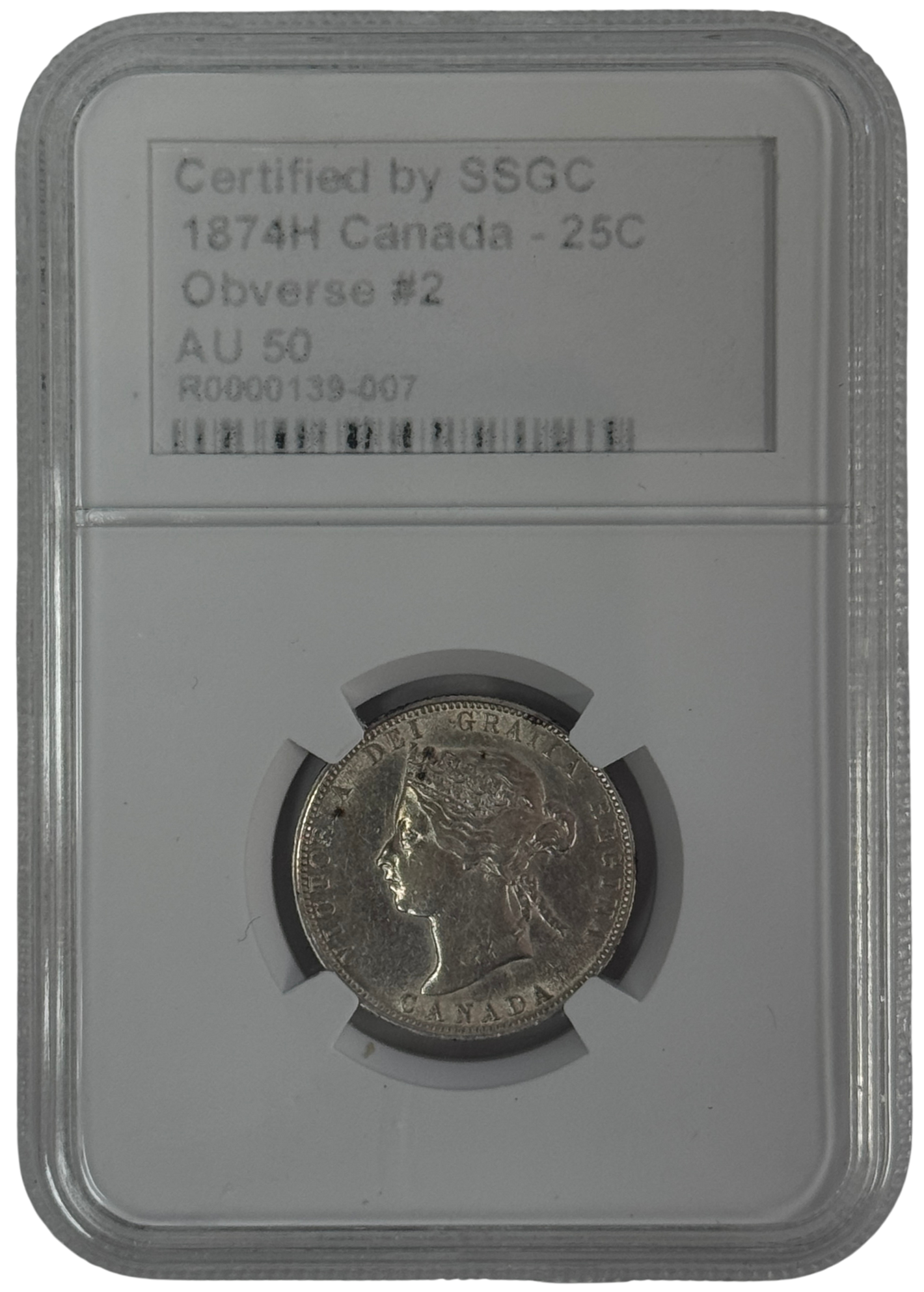1874H 25 CENT CANADA OBVERSE #2 – AU 50 - GRADED