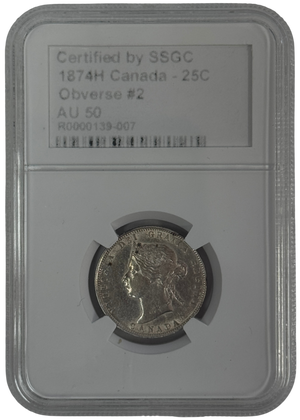 1874H 25 CENT CANADA OBVERSE #2 – AU 50 - GRADED