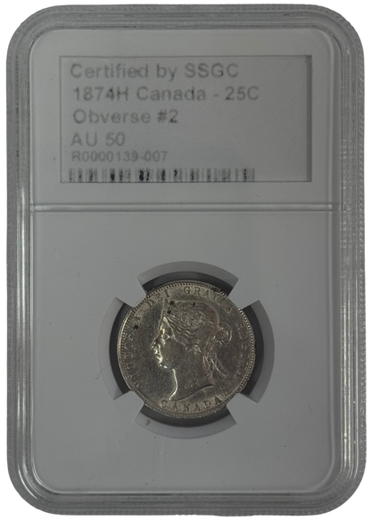 1874H 25 CENT CANADA OBVERSE #2 – AU 50 - GRADED
