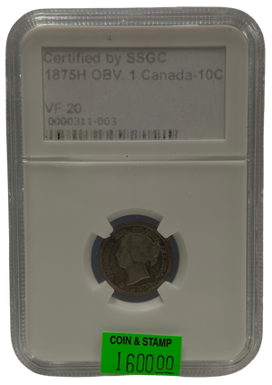 1875H 10 CENT CANADA OBV.1 – VF 20 – GRADED
