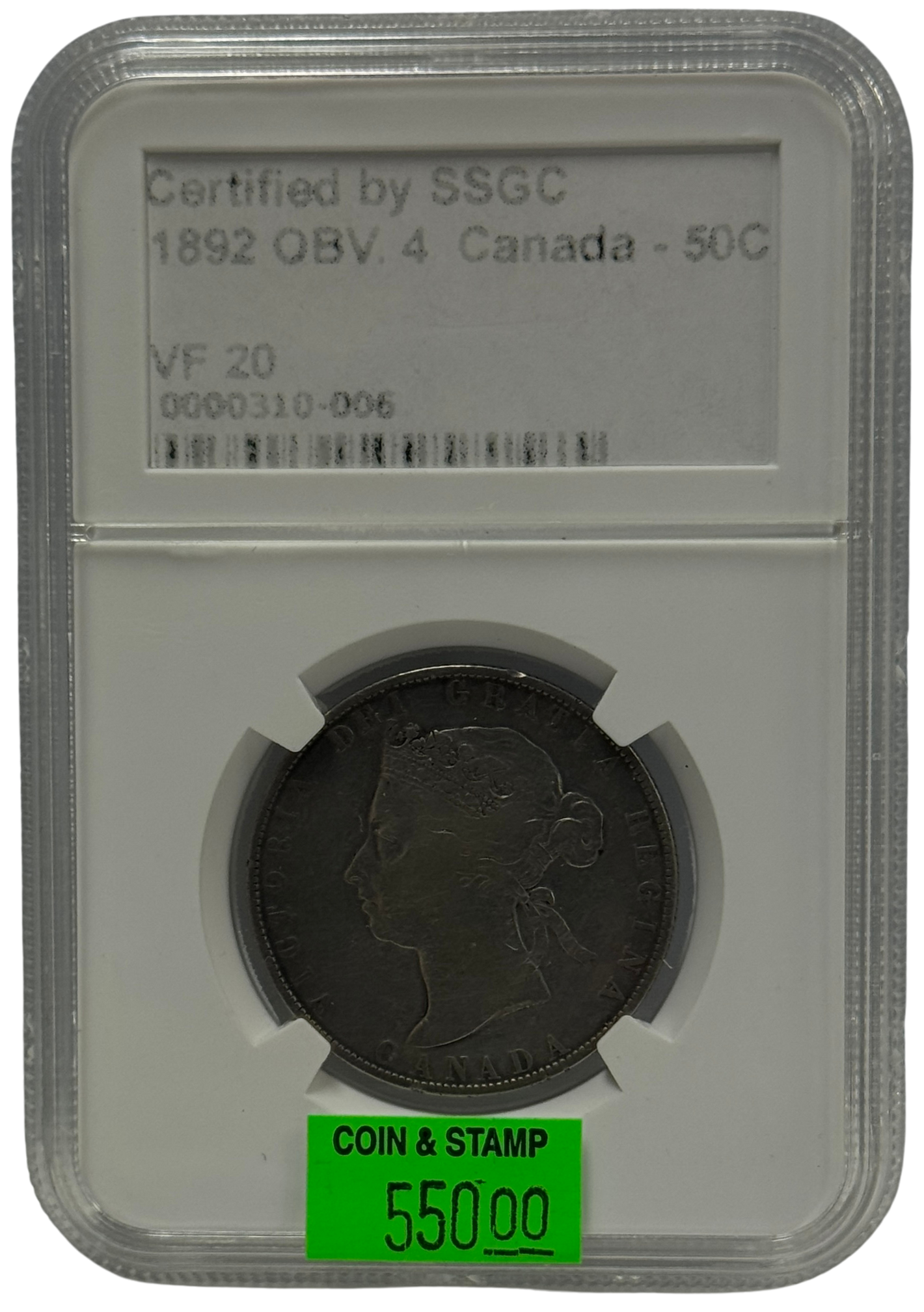 1892 50 CENT CANADA OBV.4 – VF 20 – GRADED