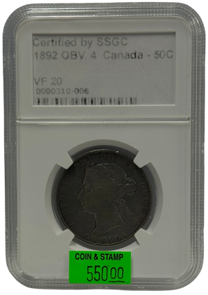 1892 50 CENT CANADA OBV.4 – VF 20 – GRADED