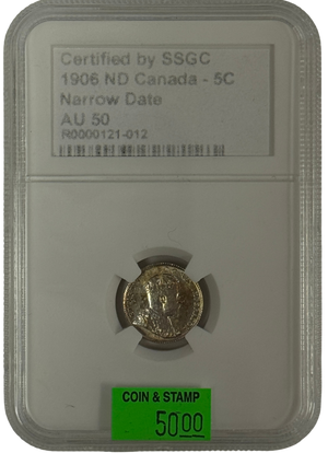 1906 5 CENT CANADA ND NARROW DATE – AU 50 – GRADED