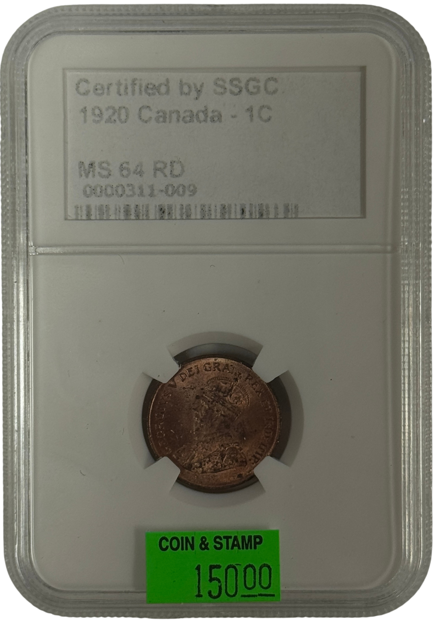 1920 1 CENT CANADA – MS 64 RD – GRADED