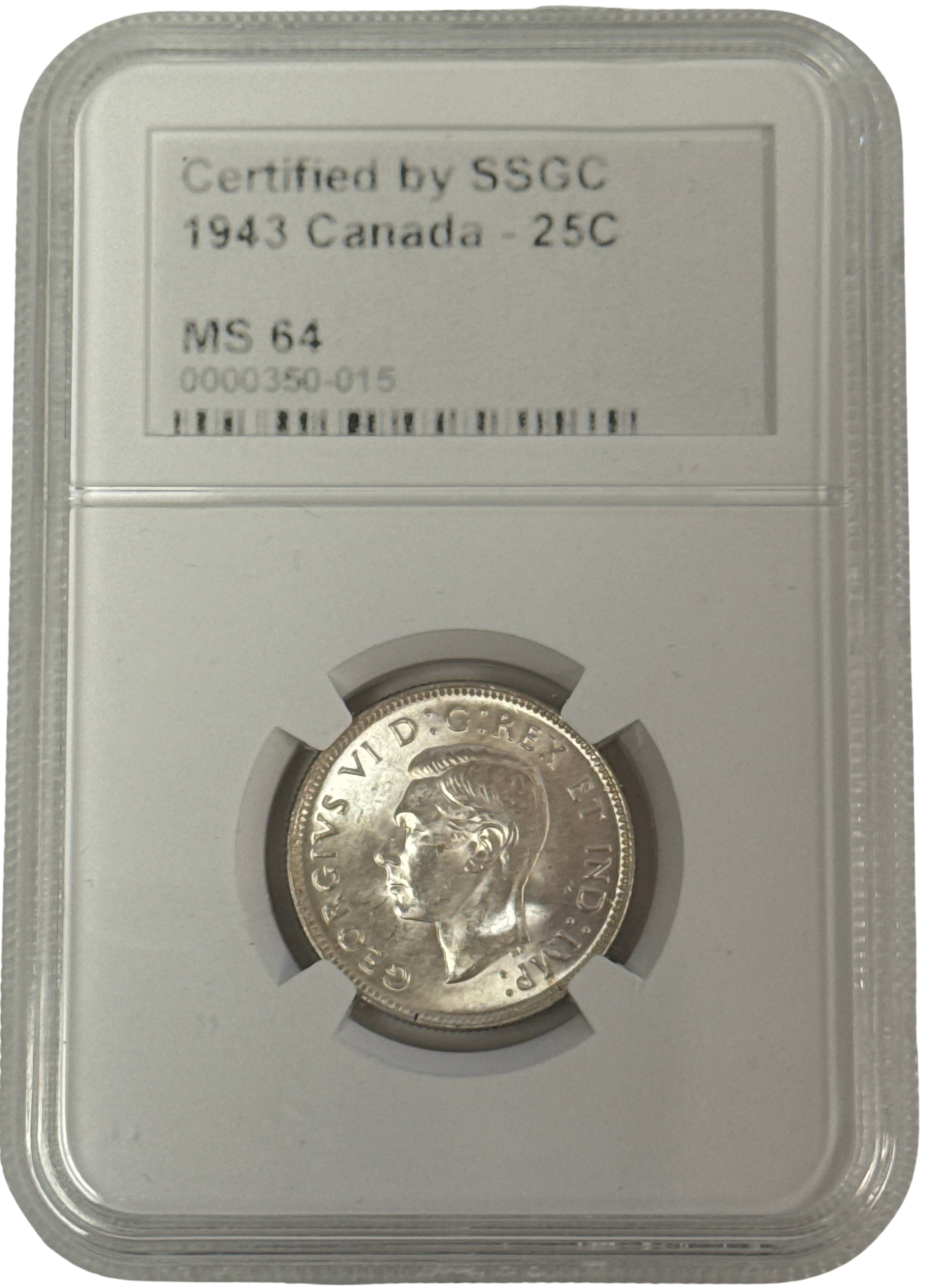 1943 25 CENT CANADA – MS 64 – GRADED (350-015)