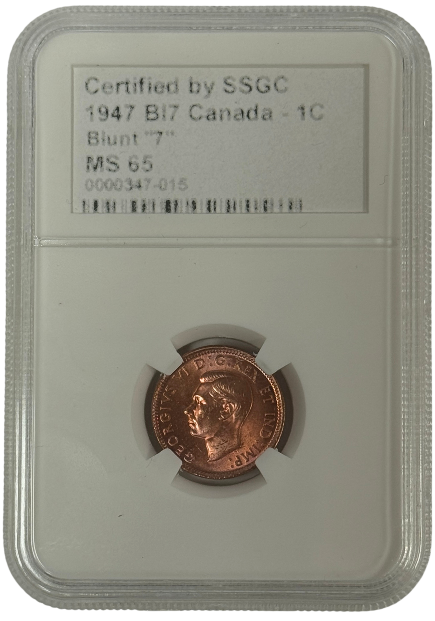 1947 1 CENT CANADA BL7 – BLUNT “7” – MS 65 – GRADED (347-015)