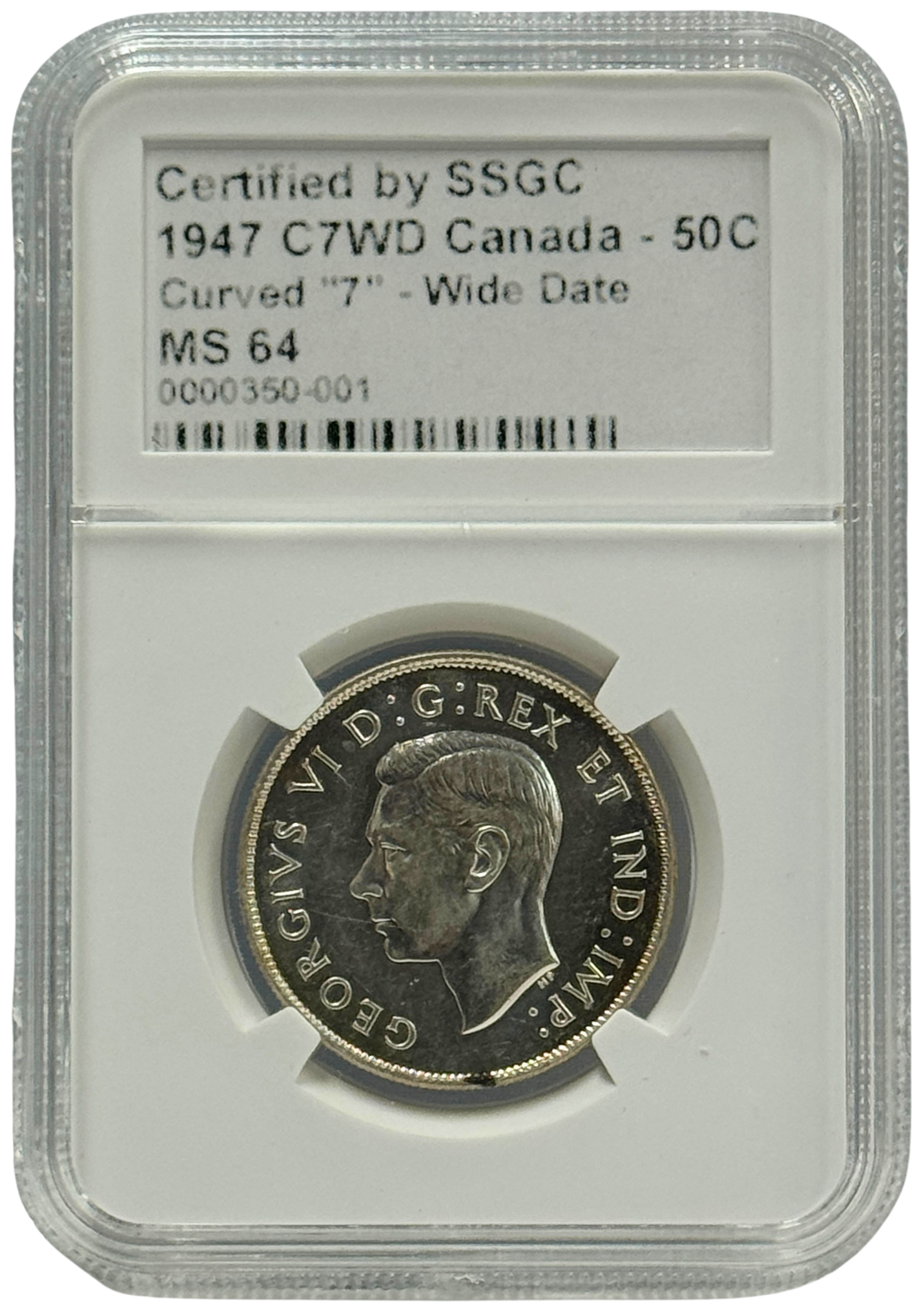 1947 50 CENT CANADA C7WD – CURVED “7” – WIDE DATE – MS 64 – GRADED (350-001/350-002)