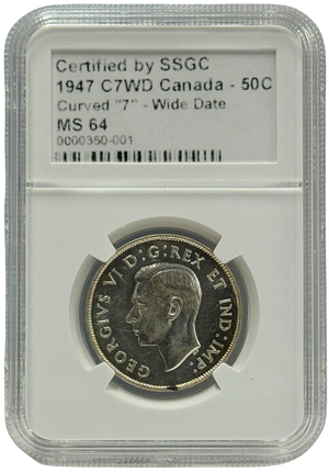1947 50 CENT CANADA C7WD – CURVED “7” – WIDE DATE – MS 64 – GRADED (350-001/350-002)
