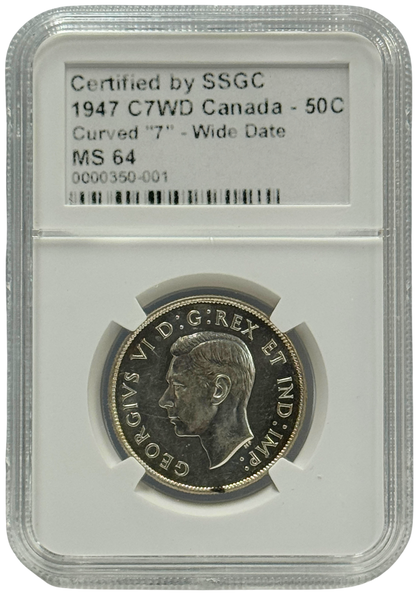 1947 50 CENT CANADA C7WD – CURVED “7” – WIDE DATE – MS 64 – GRADED (350-001/350-002)
