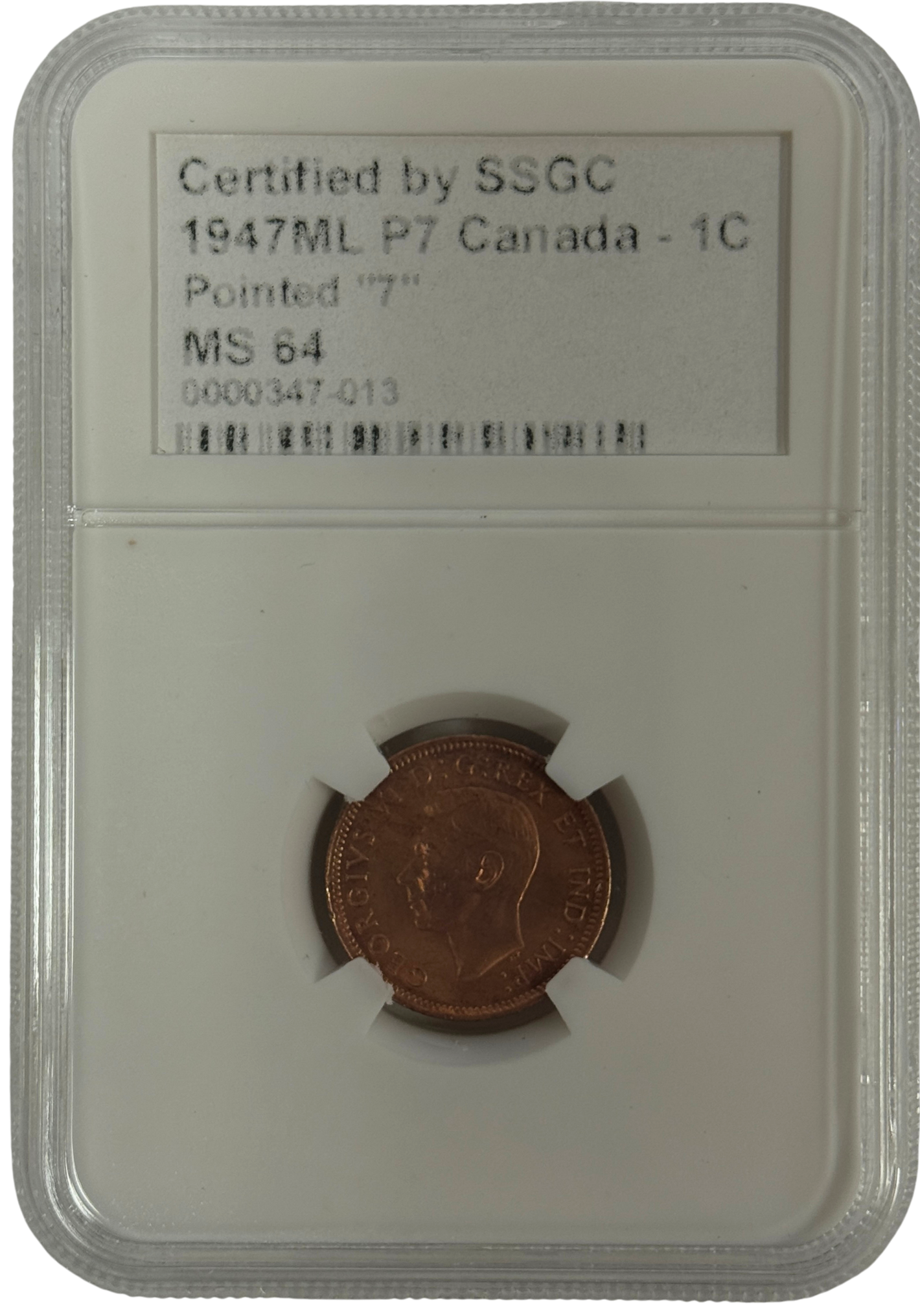 1947ML 1 CENT CANADA P7 – POINTED “7” – MS 64 – GRADED (347-013)