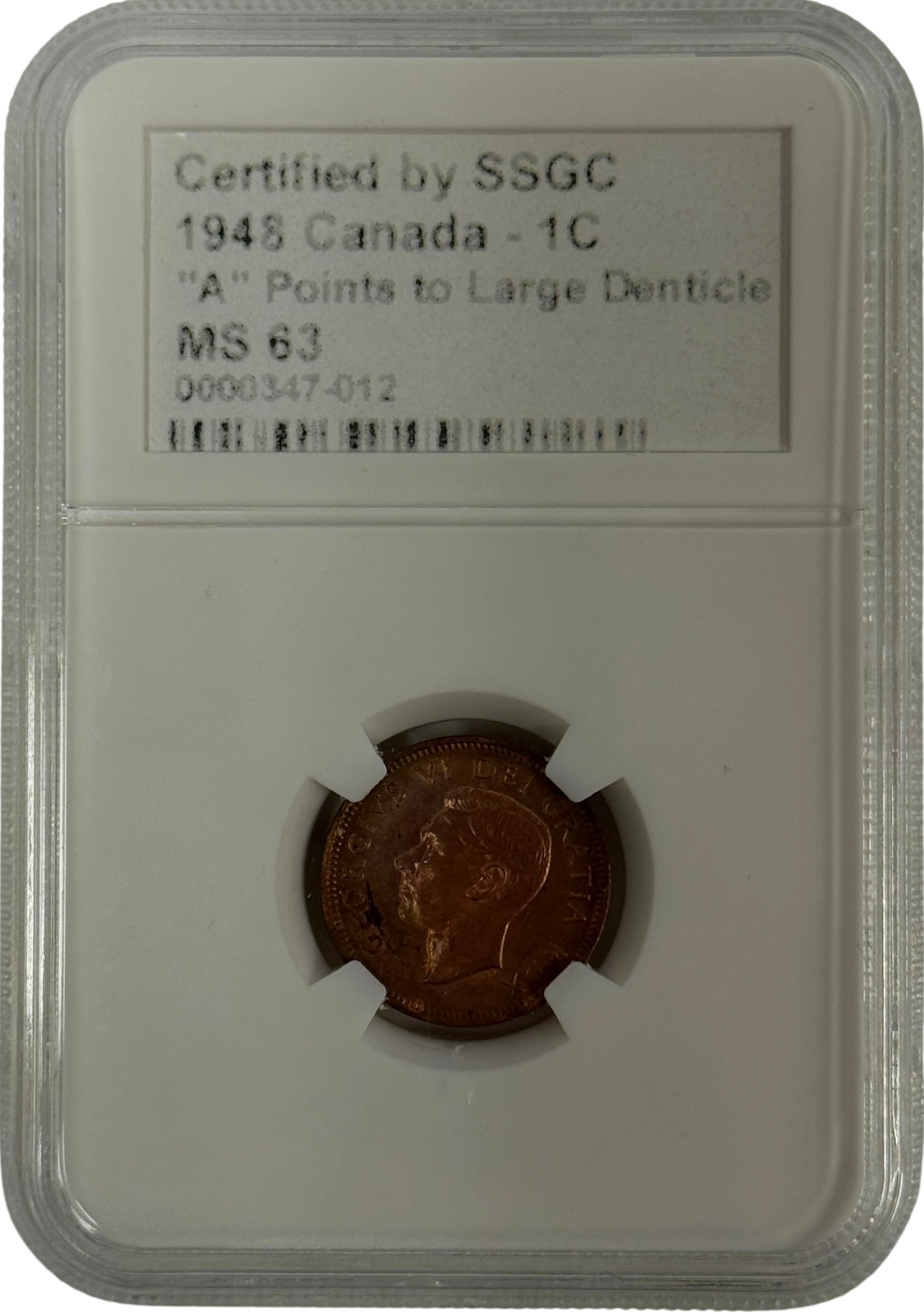 1948 1 CENT CANADA “A” POINTS TO LARGE DENTICLE – MS 63 – GRADED (347-012)