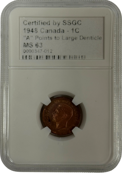 1948 1 CENT CANADA “A” POINTS TO LARGE DENTICLE – MS 63 – GRADED (347-012)